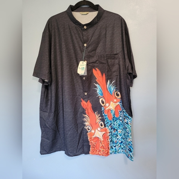 Royaura Rooster Print Band Collar Button-down Shirt in Blue Size 2XL NWT - Picture 1 of 8